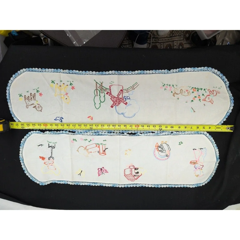 Pair VTG Handmade Embroidered Table Runner Farmhouse Farm Animals Blue Crochet